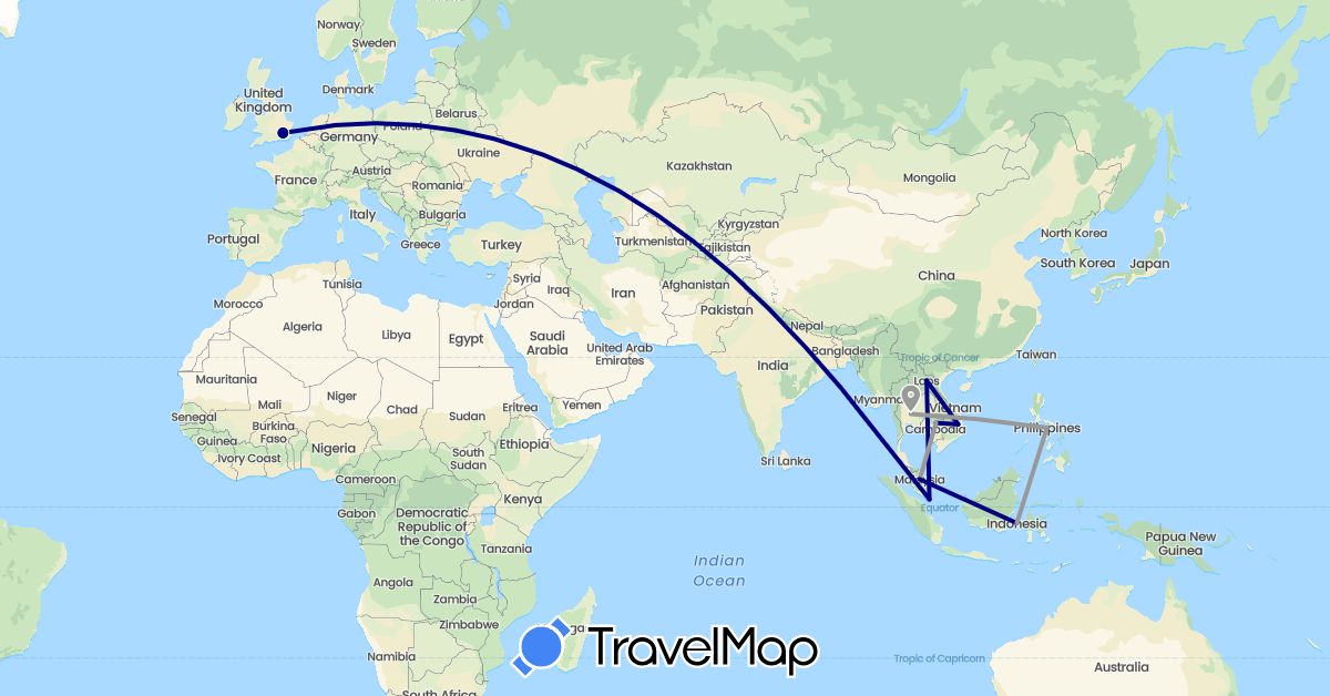 TravelMap itinerary: driving, plane in United Kingdom, Indonesia, Cambodia, Laos, Malaysia, Philippines, Singapore, Thailand, Vietnam (Asia, Europe)